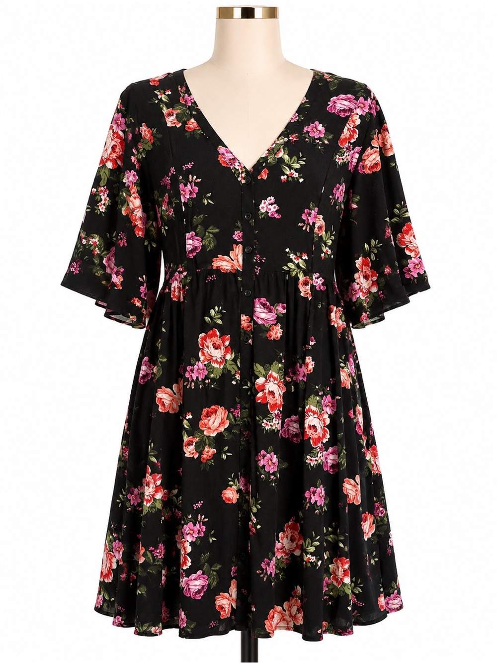 torrid Black Floral V-Neck Tiered Mini Dress